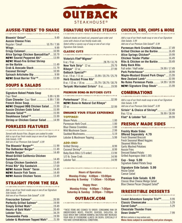 Outback Menu Prices Full Outback Steakhouse menu