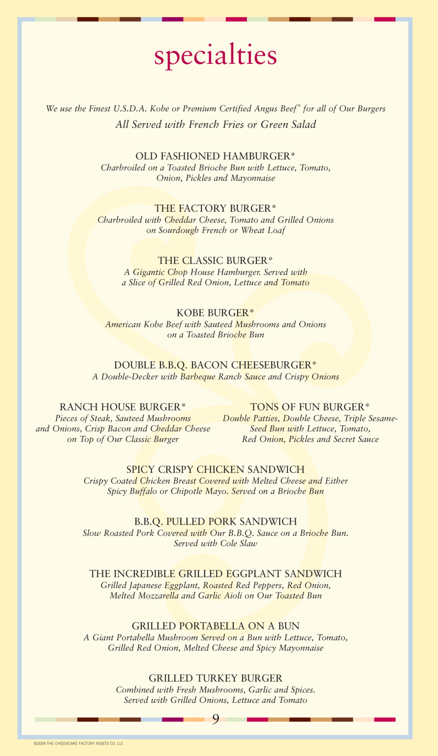 Cheesecake Factory Menu with Prices September 2023 Dinner, Lunch